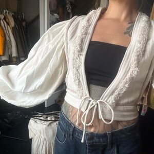 Cropped Cream Tie-Front Puff Sleeve Blouse